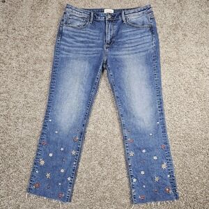 Driftwood Colette Cropped Straight Women's Sz 14 Floral Embroidered Jeans 35x27